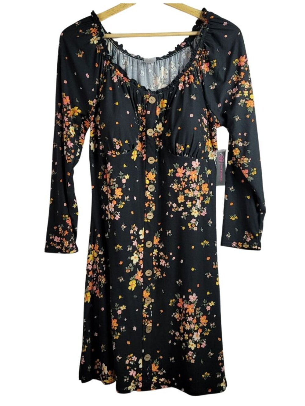 No Boundaries Floral Button Dress Black Orange XXL Ruffle Padded Stretch NEW